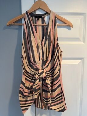 DREW Pink Black Cream Striped Tie-Front Sleeveless Blouse